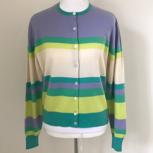 Burberry Sweaters - Burberry Blue/Green Striped Cashmere Cardigan Sz L
